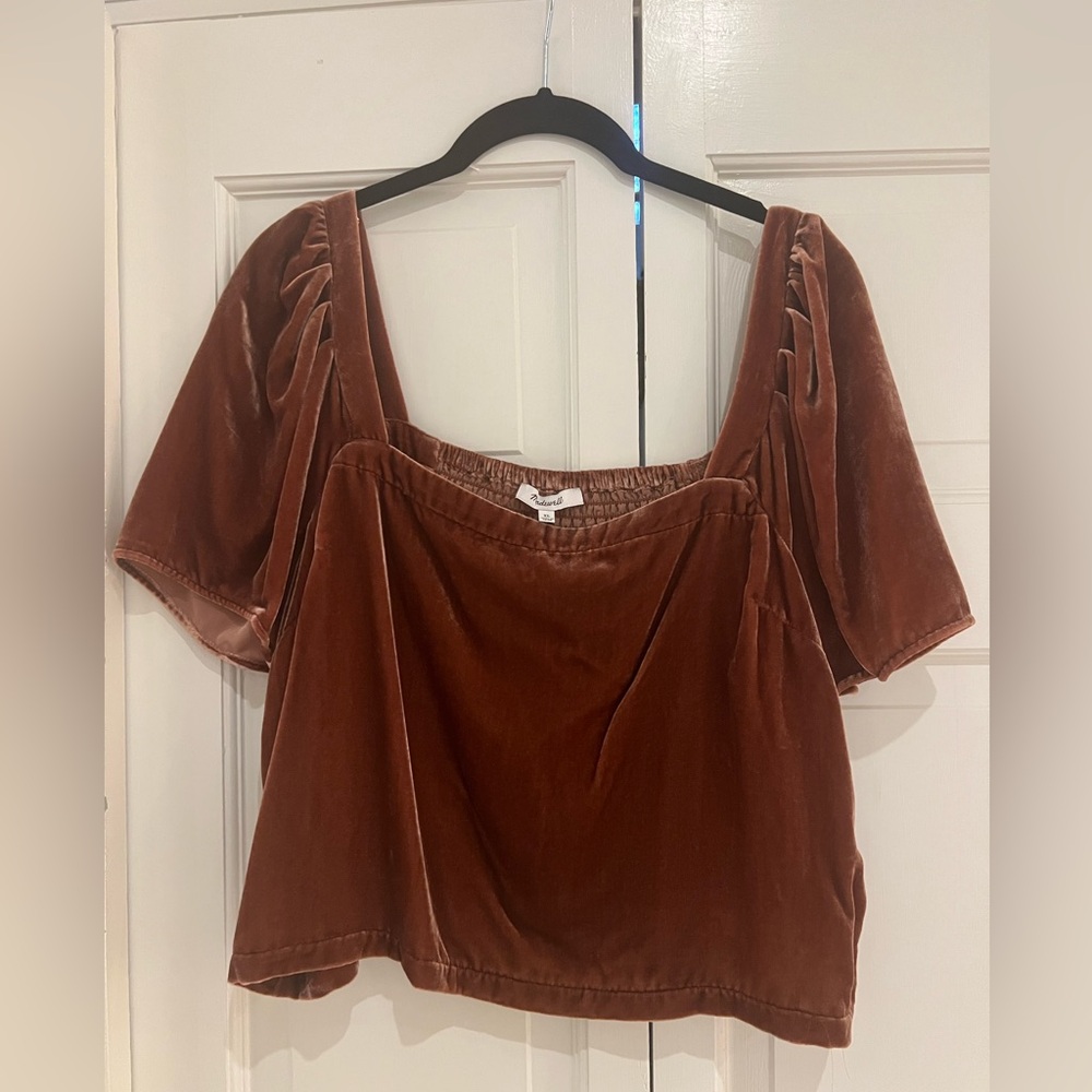 Madewell Velvet Puff Sleeve Blouse in Rust